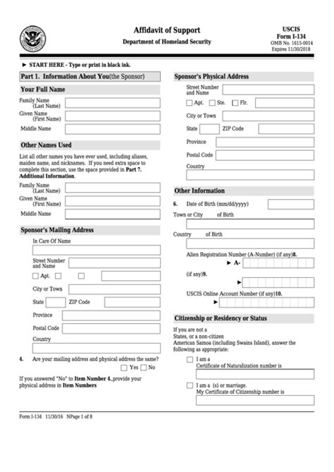 immigration form i-134 affidavit of support