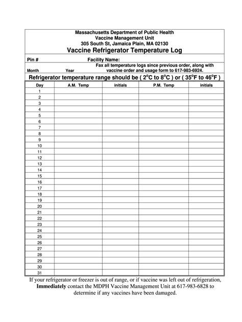 immunization temperature log for refrigerator