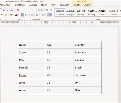 import data from word table to excel
