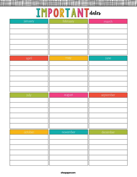 Important Dates Printable Word