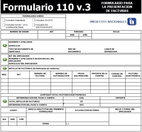 impuestos nacionales bolivia formulario 110