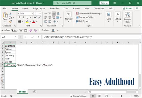 in clause in excel formula