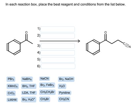 Title: Optimizing Chemical Reactions: Selecting the Best Reagent and Conditions Reaction 1: Conversion of Alcohol to Alkene - Best Reagent: H2SO4 - Best Conditions: Heat and DehydrationReaction 2: Reduction of Ketone to Alcohol - Best Reagent: NaBH4 - Best Conditions: Catalyzed by Acid or Base Reaction 3: Esterification of Carboxylic Acid and Alcohol - Best Reagent: H2SO4 - Best Conditions: Heat and Reflux Reaction 4: Grignard Reaction - Best Reagent: Phenylmagnesium Bromide - Best Conditions: Dry Ether Solvent and Cooling Reaction 5: Nitration of Aromatic Compounds - Best Reagent: HNO3 - Best Conditions: Sulfuric Acid Catalyst and Low Temperature