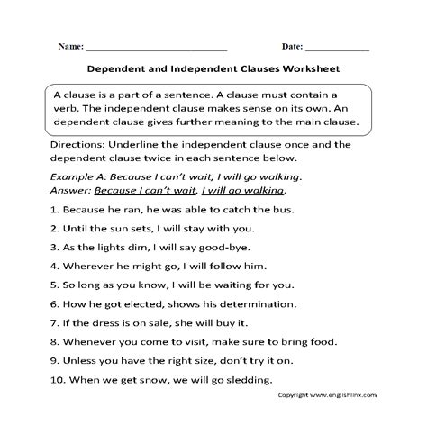 independent and dependent clauses worksheet grade 4