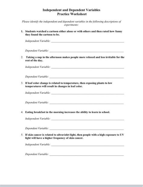 Independent And Dependent Variables Worksheet