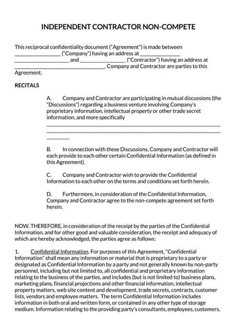 independent contractor non compete form