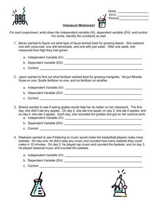independent variable dependent variable and control worksheet