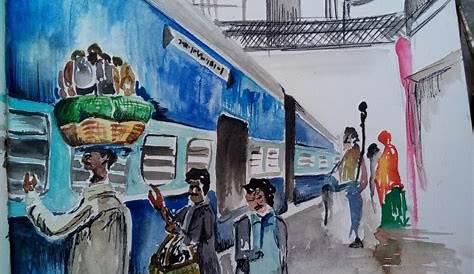Indian Railway Station Scene Drawing ChitraKale' Mysore