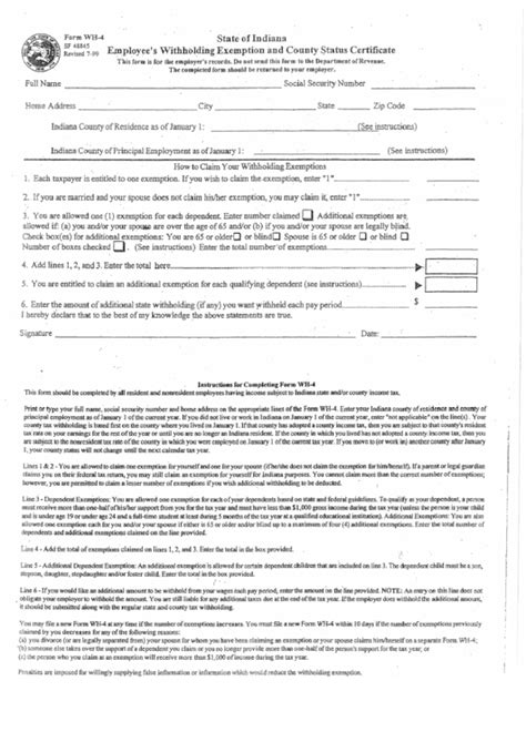State Of Indiana Employee'S Withholding Exemption And County Status