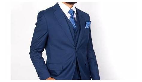 Mens 2 Button Modern Fit Vested Wool Suit in Indigo Blue