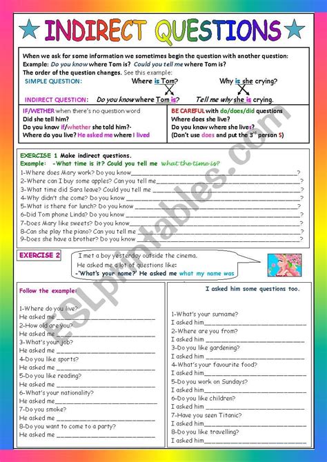 Indirect Questions Printable Worksheet Exercise