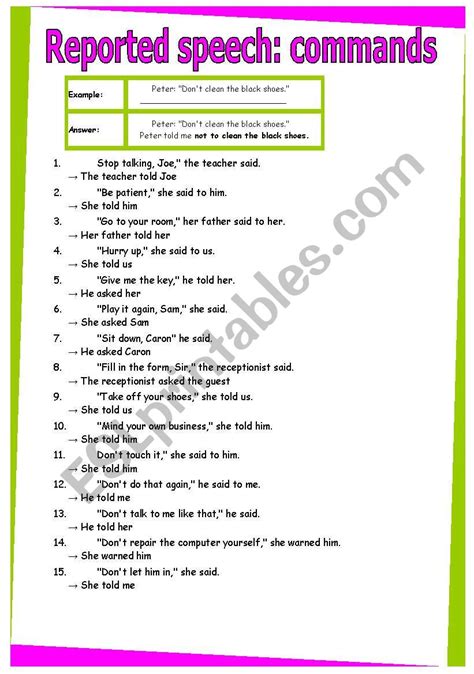 indirect speech commands and requests exercises pdf
