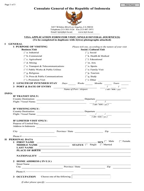 Singapore Indonesian Visa Application Form Embassy of the Republic of