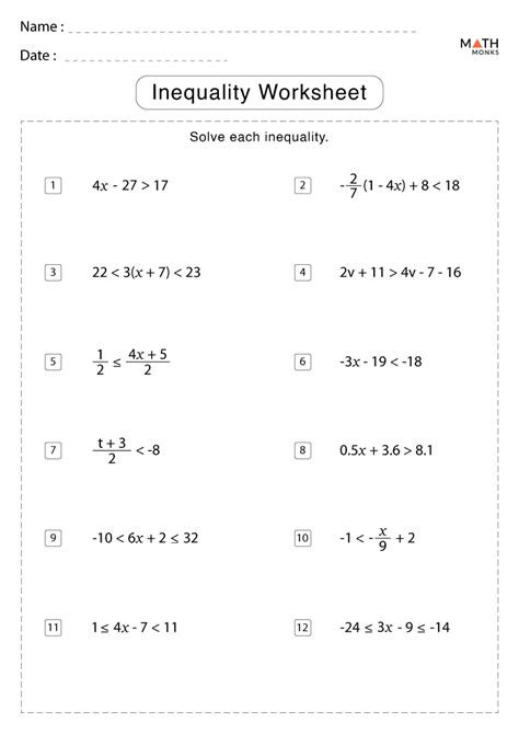 Inequality Worksheet Printable