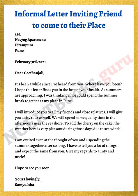 informal letter format example for students