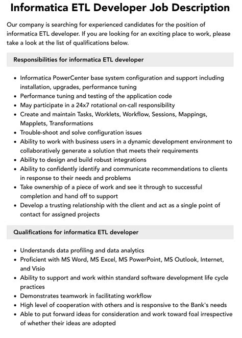 informatica etl developer job description