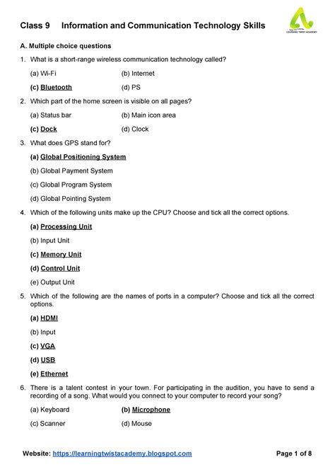 information and communication technology skills class 9 questions and answers pdf