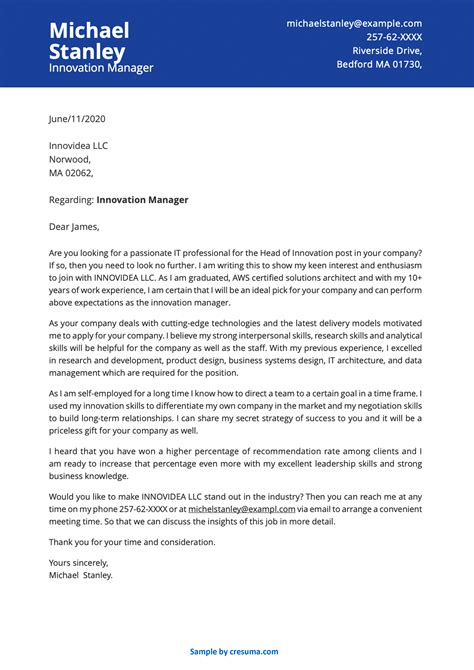 Innovation Manager Cover Letter Sample Cover Letter