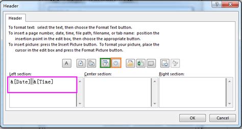 insert date and time in excel footer