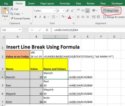 insert line break in excel text box