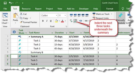 insert summary task in ms project