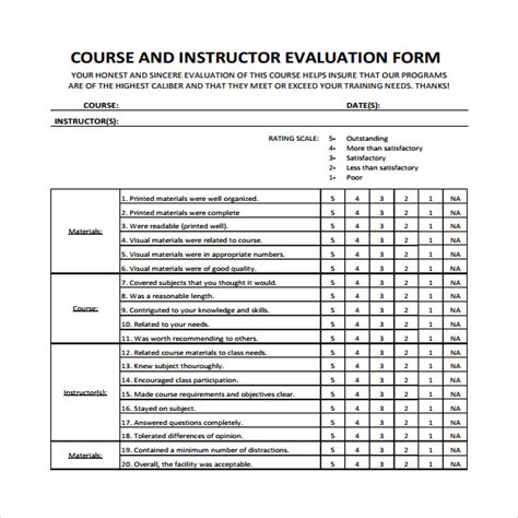 instructor performance evaluation form template