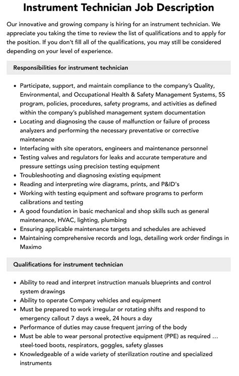 Instrument Work Description