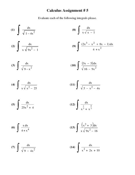 integral problems worksheet with answers