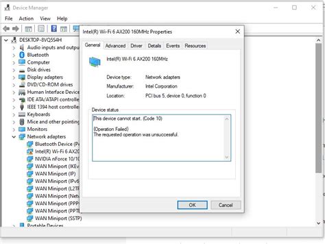 intel r wifi 6 ax200 160mhz code 10