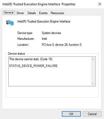 Intel Trusted Execution Engine Interface Status Device Power Failure Acer