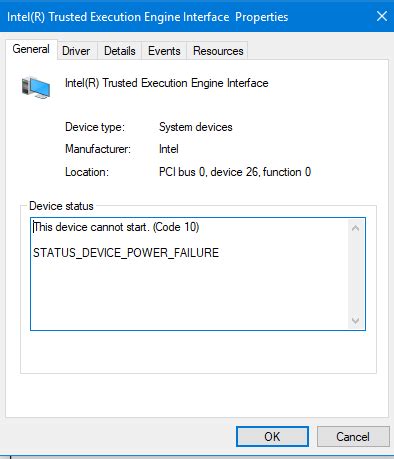 Intel Trusted Execution Engine Interface Status_Device_Power_Failure Acer