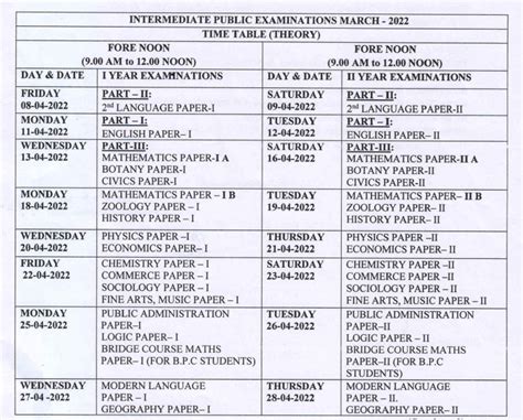 inter 2 year exams time table of 2024 of ap