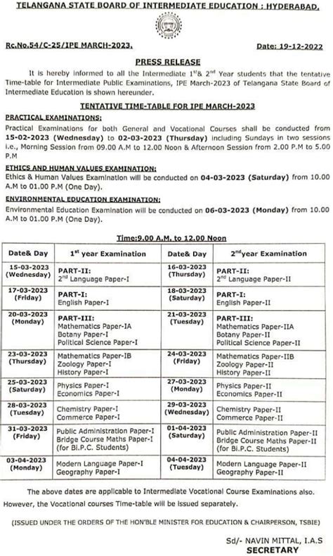 inter exam time table 2023