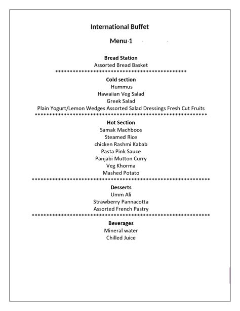 International Buffet Menu List