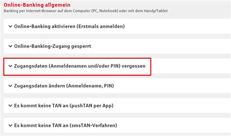 internet banking pin vergessen