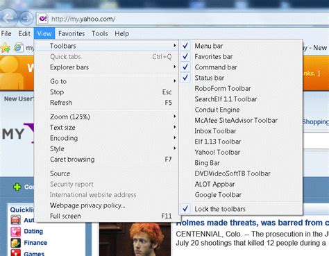 internet explorer options toolbar