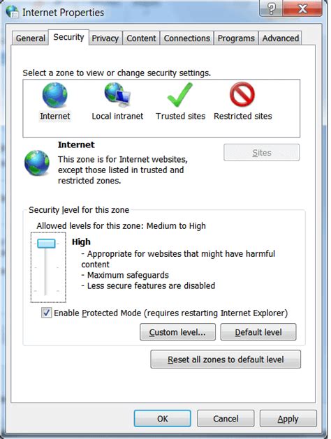 internet options control panel security