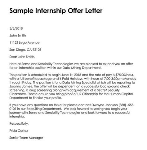 Internship Offer Letter Sample Templates at