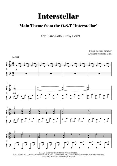 interstellar piano notes easy