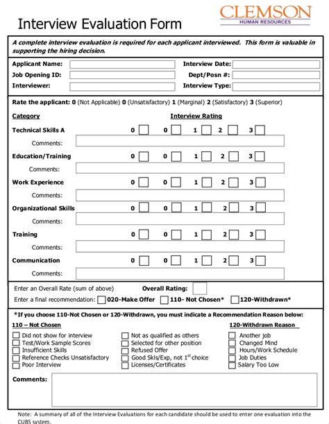 interview candidate assessment form template
