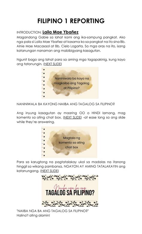 introduction in reporting in class example tagalog