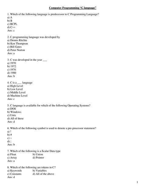 introduction to c language mcq questions with answers