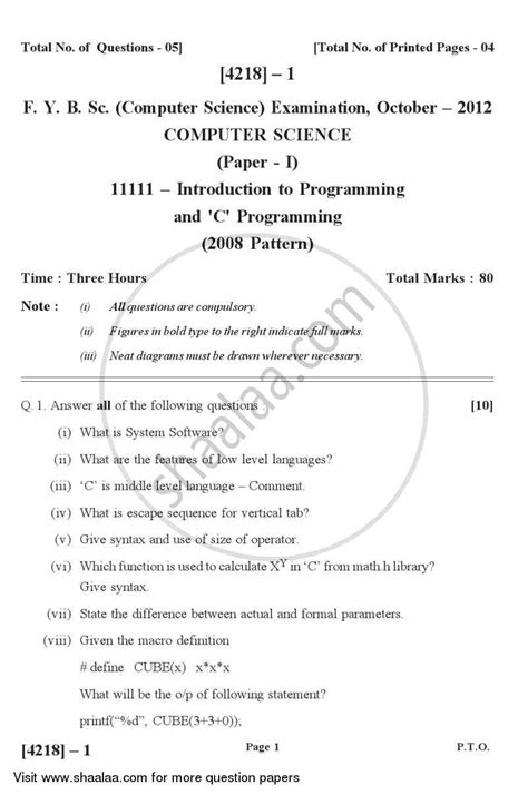 introduction to c programming question paper with answers