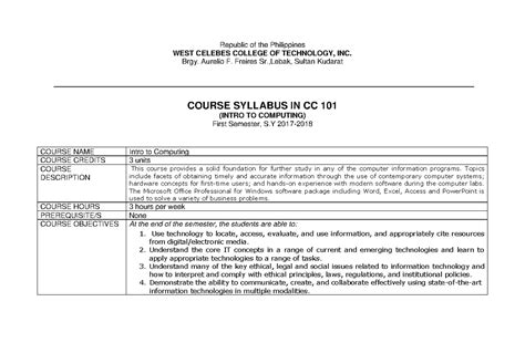 introduction to computing syllabus philippines