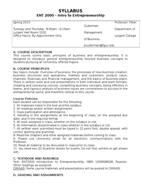 introduction to entrepreneurship syllabus