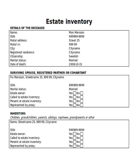 Inventory Form For Estate