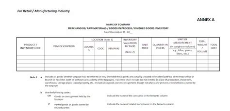 Inventory List Bir Sample