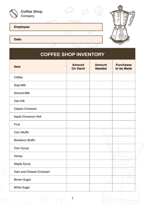 Inventory List For A Cafe
