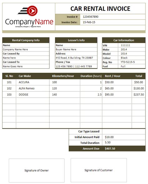 invoice template for car rental