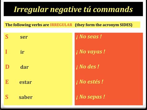 irregular negative tu commands saber